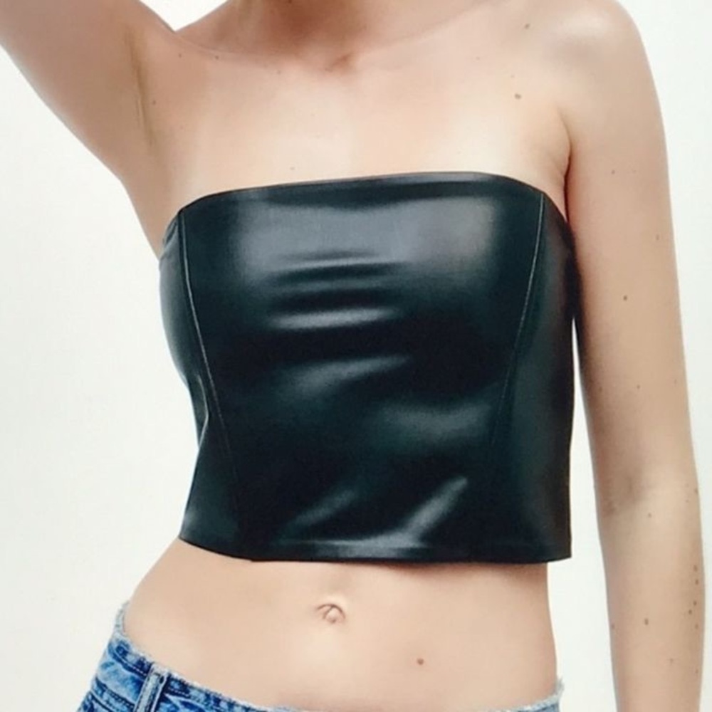 ZARA black vegan leather strapless top xs